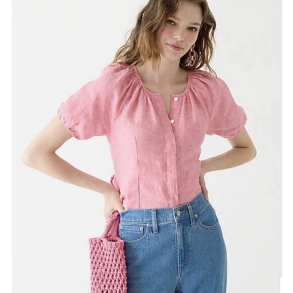 J. Crew Women Size 8 V-Back Linen Button Up Blouse Boho Timeless Closet Staple - Picture 2 of 14